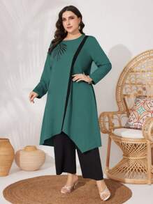 Mulvari 2 stuks/set Plus Size Casual Ronde Hals Lange Mouw Top en Broek