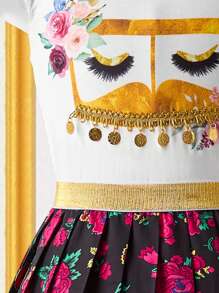 SHEIN Tween Girl Short Sleeve Top And A-Line Skirt 2pcs Set, Minimalist Fashion Casual Daily Outfit - Multicolor - View 6