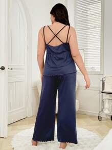 Nachtwäsche-Set mit Spitzen-Patchwork, tiefem V-Ausschnitt, Unterhemd und langer Hose in Übergröße - Königsblau - Übersicht 2