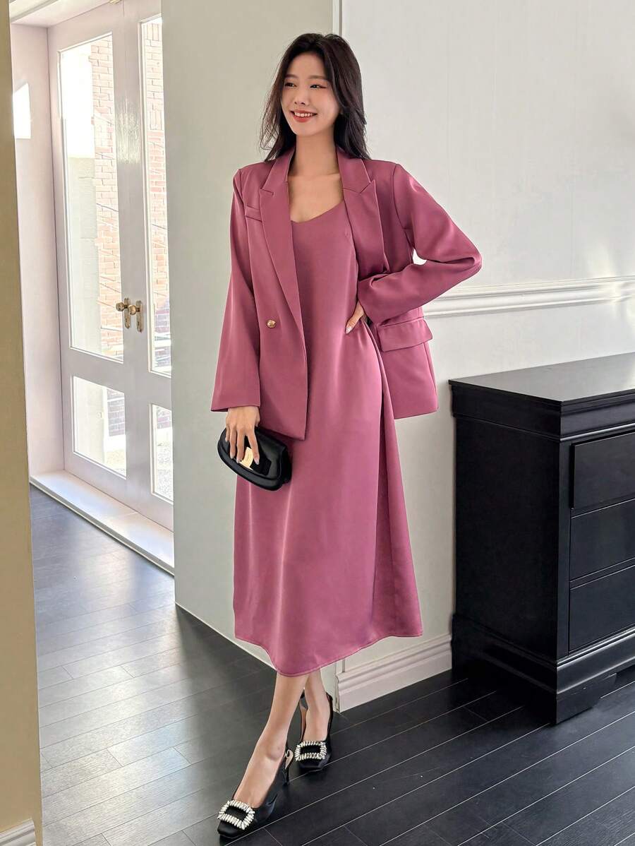 DAZY 2pcs Elegant & Sophisticated Blazer And Spaghetti Strap Dress Suit Set - Coral Pink - View 1