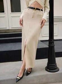 BizChic Women's Apricot Straight Skirt With Slit, Elegant Attire For Business, Casual, Office, Teacher , Spring/Summer - Khaki - View 4