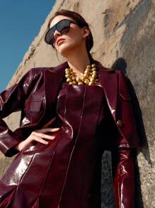 Anewsta Valentine's Day Autumn Shiny PU Leather Patch Mesh Splicing U-Neck Dress With Suit Jacket, Co-Ord Set