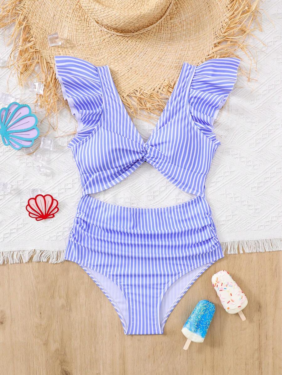 SHEIN Tween Girl 修身休闲简约 V 领荷叶边连体泳衣 - 藍白色 - 查看 1