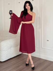 DAZY Robe mi-longue asymétrique à épaule dénudée de couleur unie pour femmes, robe de soirée élégante et formelle, robe longue à manches longues pour l'automne, robe femme rouge - Rouge foncé - Voir 4