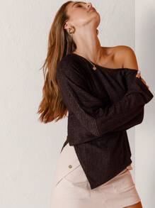 Aralina Suéter de manga larga acanalado con bajo asimétrico, nuevo para Año Nuevo - Gris - Ver 7