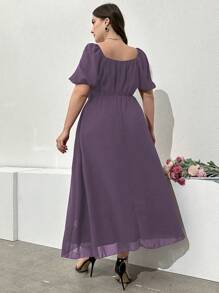 Modelyn Burgundy Red Plus Size Ladies' Solid Color Square Neck High Slit Fashion Purple Dress, For Christmas Maxi Women Outfit - Purple - View 2