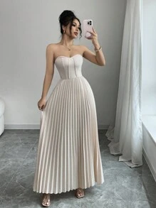 Gloray Women's Elegant Pleated Strapless Slim Fit Midi Dress - Apricot - View 6