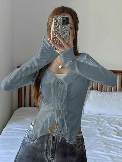 DAZY 女士春夏纯色拼接荷叶边蕾丝前开长袖休闲 T 恤外出上衣秋季服装