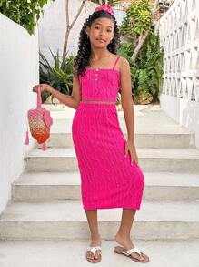 SHEIN Tween 女童休闲时尚纯色吊带背心和中长裙套装