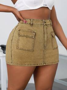 SHEIN 大码女式工装口袋紧身牛仔短裤/短裙