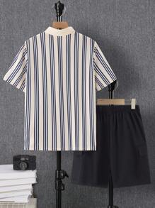 SHEIN Leap Crew 青少年男孩条纹度假海边 Polo 衫和工装短裤套装，休闲、学校、旅行、运动、度假、节日正式派对，舒适时尚 - 彩色 - 查看 2