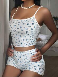 SHEIN Teen Girls 2pcs Set Adjustable Strap Crop Top And Shorts, Clean Girl Style, Ditsy Floral, Cute, Sweet, Comfortable, Casual, Suitable For Spring/Summer, New Year