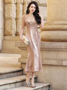 DAZY Patchwork Puff Sleeve Fishtail Midi Dress For Women,Formal Women Dresses - Pink - View 1