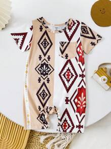 1pc Baby Boys Beige & White Contrast Color Short Sleeve Romper With Pocket, Print, Round Neck Casual Outfit (2 Pieces Set Sold Separately) - Multicolor - View 3