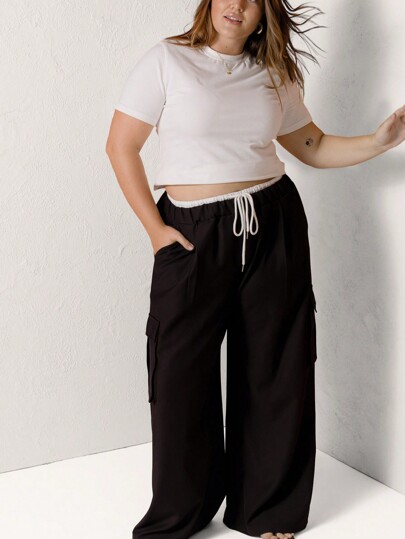 Aralina Plus Size Casual Versatile Colorblock Drawstring Waist Utility Palazzo Pants