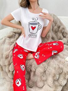 SweetSlumber Women's Cute Coffee & Heart Print Pajama Set,Short Sleeve Top And Pants Sleepwear - Multicolor - View 6