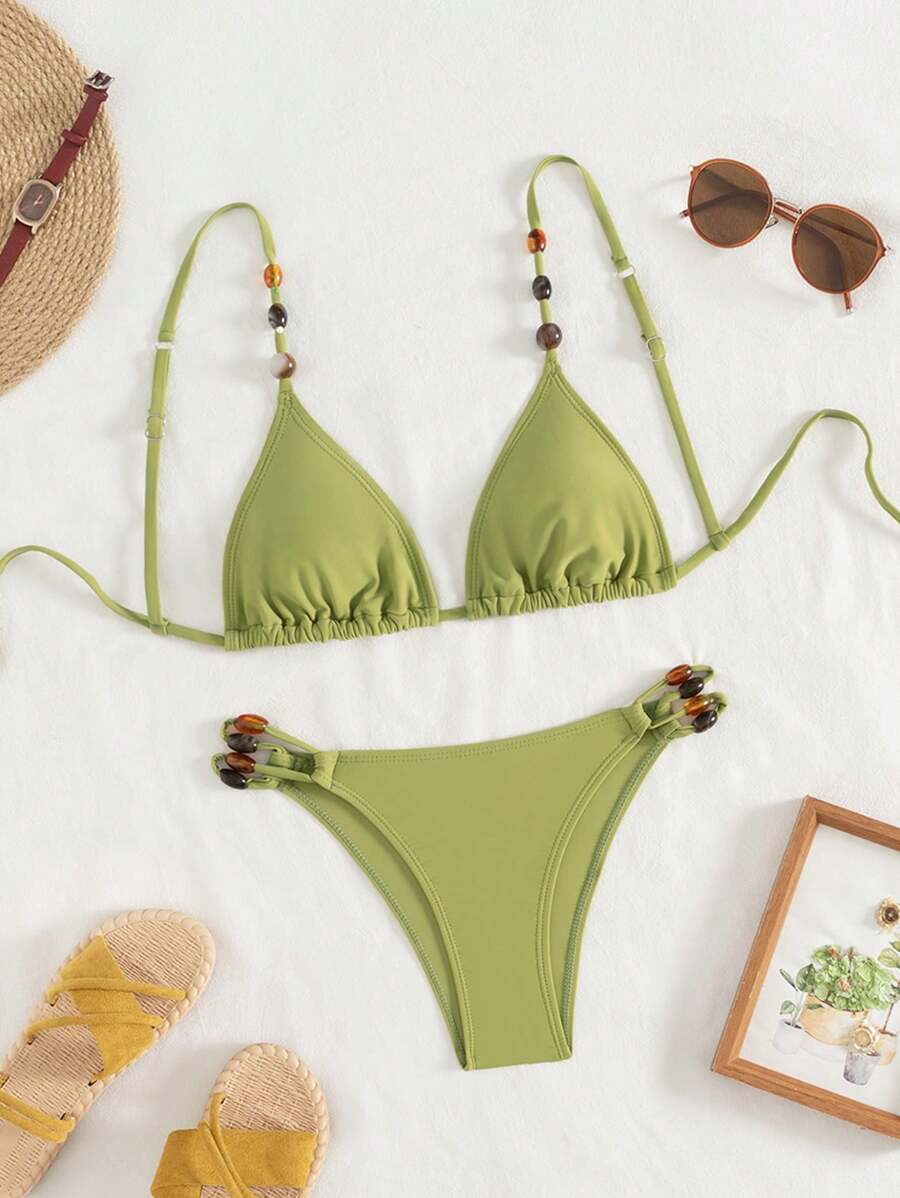 SHEIN X Sofía Suescun Swim Vcay 夏季优雅女士度假串珠装饰比基尼套装 - 綠色 - 查看 1