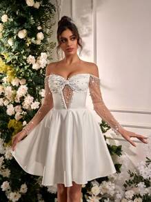 Lovelzi Vestido Elegante e Luxuoso de Cetim Franzido com Manga Longa Transparente e Design com Miçangas, Adequado para Casamento, Festa, Férias, Baile de Formatura, Presente de Noiva, Vestido de Noiva, Vestido de Chá de Panela, Noiva