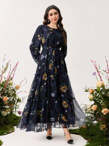 Modelyn 女式花卉印花雪纺系腰长裙，优雅春夏季