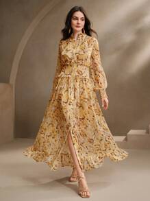 Anewsta Vestito da donna elegante per vacanze, appuntamenti romantici, festa, con colletto alto, maniche a lanterna, balze all'orlo, motivo floreale ditsy, abiti primaverili per donna