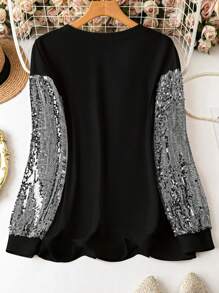 SHEIN LUNE Plus Size Spring Casual Sequin Patchwork Cartoon Print Sweatshirt Pullover Fall Sweatshirt