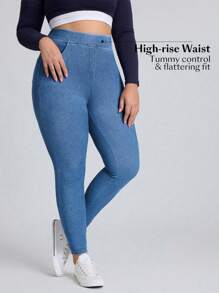 SHEIN Essnce Plus Size Solid Color Stretchy Knit Skinny Jeans, Simple And Fashionable For Casual Daily Wear - Light Wash - View 3