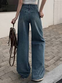 FRIFUL Women's Rhinestone Embellished Straight Leg Washed Denim Jeans, Spring/Summer - Medium Wash - View 5