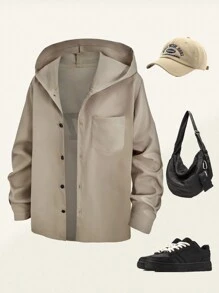 SHEIN 1 件男童复古美式学院风中长款连帽衬衫，休闲百搭新品