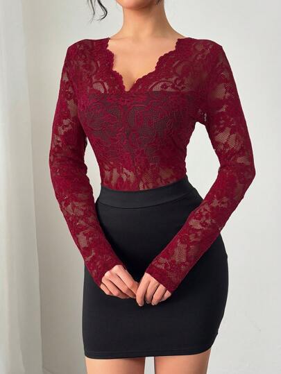 Firerie 女士优雅性感透视蕾丝修身衬衫