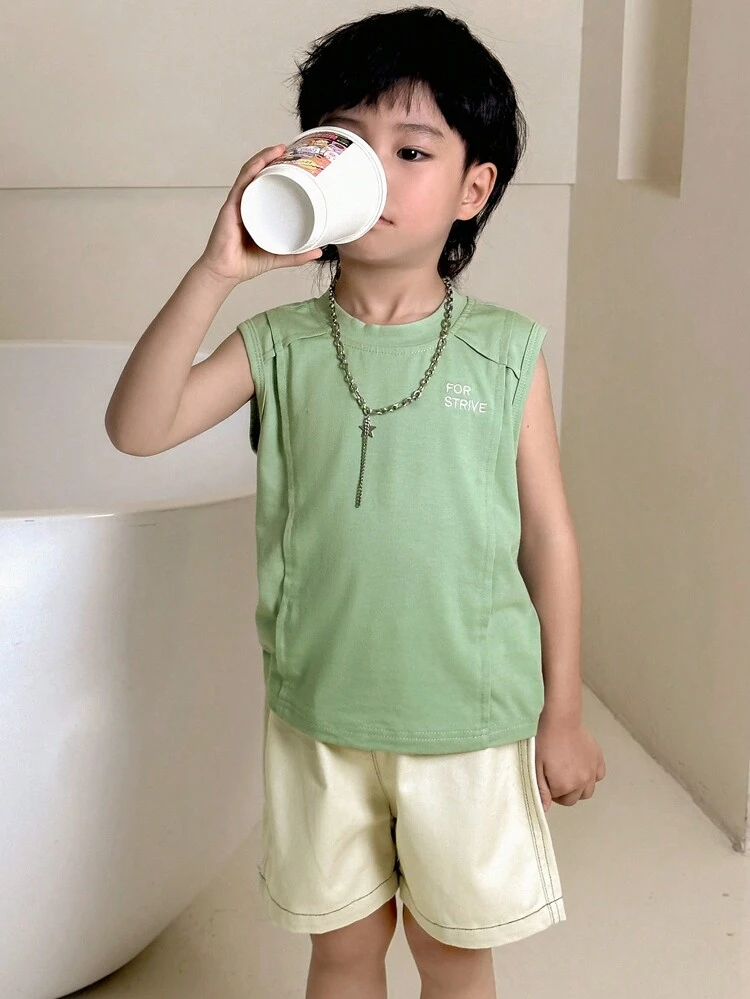 2pcs Toddler Boys Plain Crew Neck Sleeveless Top And Shorts Casual Outfit Set