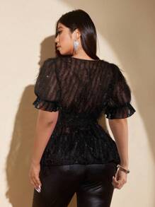 Viva Relle Blusa con escote en V profundo, mangas abullonadas y flecos, de moda y sexy, talla grande
