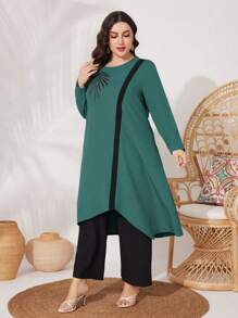 Mulvari 2 stuks/set Plus Size Casual Ronde Hals Lange Mouw Top en Broek