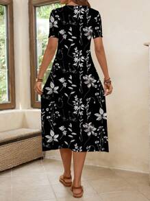 EMERY ROSE Vintage Floral Print V-Neck Short Sleeve Midi Dress, Summer - Multicolor - View 2