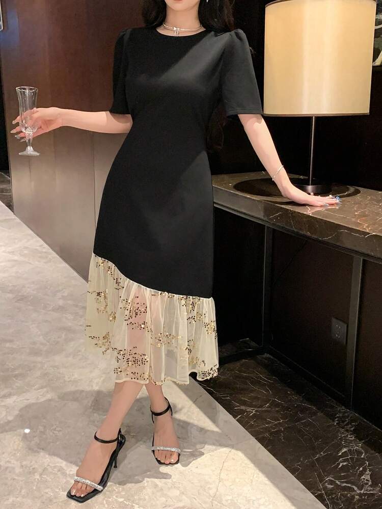 Color Block Sequins Mesh Patchwork Round Neck Puffy Sleeve Mid-Length Dress For Women Prom Dress,Ruffle Elegant Women Dresses Maxi Dress