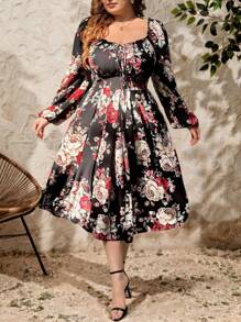 SHEIN Unity Plus Size Square Collar Heart Neck Bowknot Cuff Long Sleeve Floral Print Ruffle A-Line Maxi Vintage Elegant Cute Dress For Women, Resort Wear - Multicolor - View 1