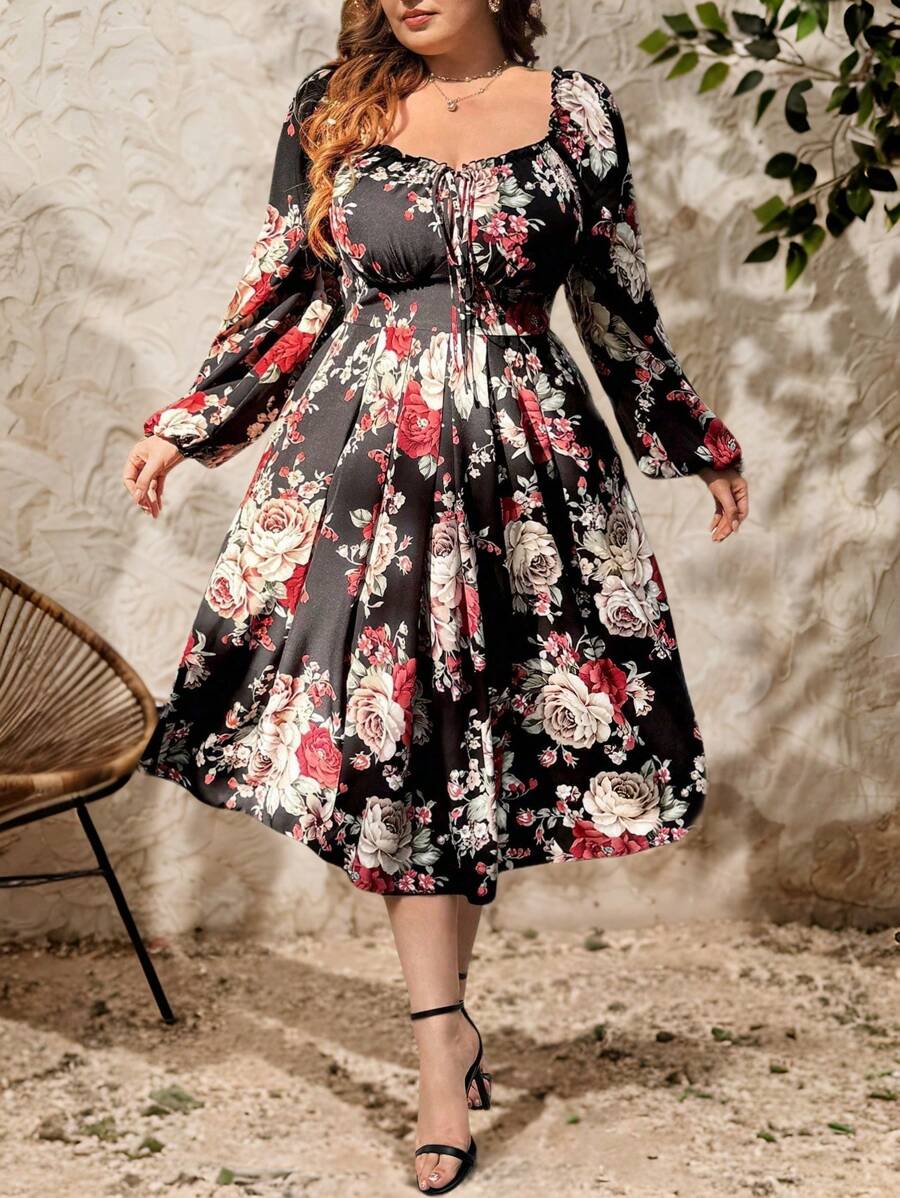 SHEIN Unity Plus Size Square Collar Heart Neck Bowknot Cuff Long Sleeve Floral Print Ruffle A-Line Maxi Vintage Elegant Cute Dress For Women, Resort Wear - Multicolor - View 1
