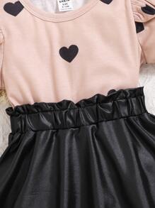 Baby/Toddler Girls Elegant Fashion Casual Versatile Loose Comfortable Rib Knit Heart Print Cap Sleeve Beige T-Shirt Top And Black PU Leather Ruffle Elastic Waist Skirt Infant OOTD Outfit, Spring/Summer New