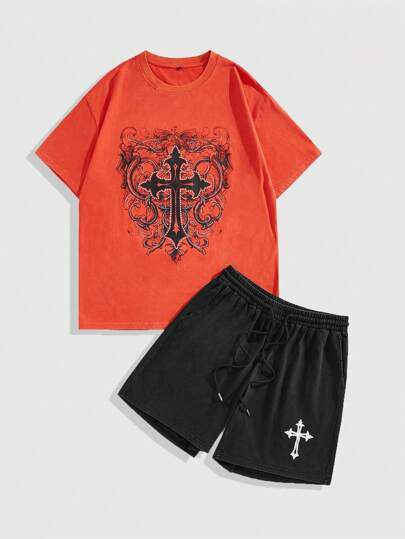 Grunge Punk Men's Round Neck Short Sleeve Printed Casual Top And Shorts Set