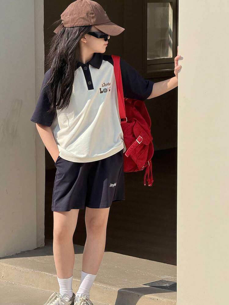 2pcs Tween Girls Set: Letter Print Polo Collar Short Sleeve Top And Shorts,Girls Summer Outfits,Back To School Clothes