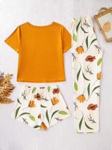 3 pièces/Ensemble Pyjama Décontracté Confortable avec Motif Floral pour Femmes