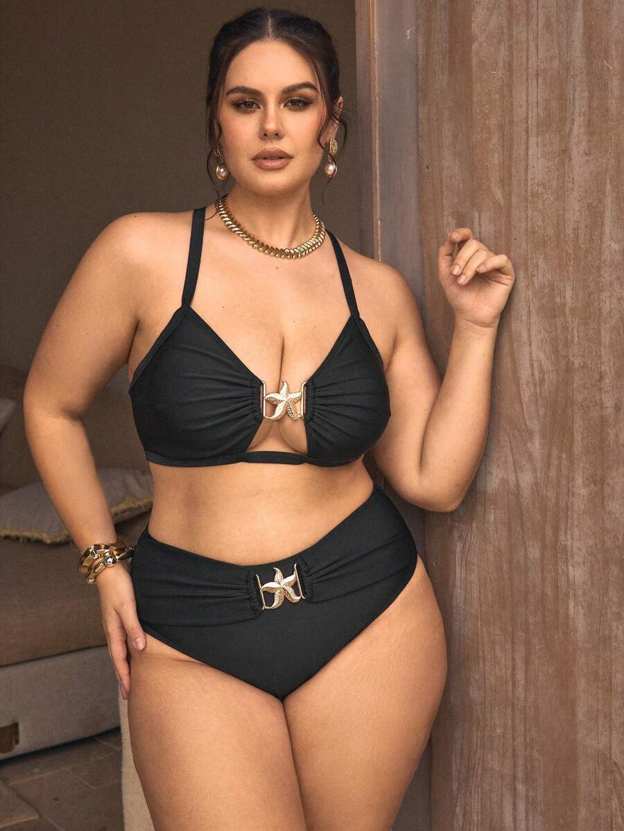 SHEIN X Sofía Suescun Swim Chiccia Plus Size Metallic Starfish Decor Adjustable Strap Swimwear Set, Suitable For Summer Beach - Black - View 1