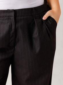 Aralina Curve Elegant Black Straight Cut Pleated Suit Pants - Black - View 3