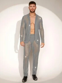 FeverCity Conjunto de traje traslúcido de manga larga y pantalón largo minimalista para hombres