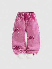 SHEIN Baby Girls Cute Bowknot Decor Blue Denim Wide Leg Pants,Girl Fall And Winter Clothes - Pink - View 1
