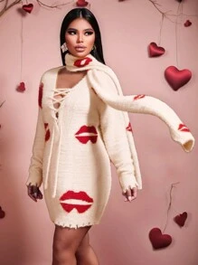 Zolique 2 件套女士针织套装，奶油色长袖毛衣，领口宽松 V 领，火焰红唇围巾，露肩性感派对，秋冬