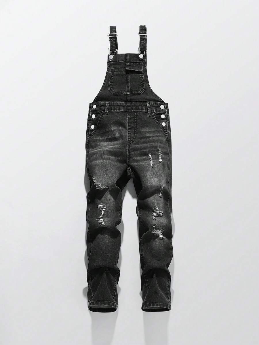 Denim Ripped Slim Fit Denim Overalls - Tween Boys Street Cool Casual Daily Urban Street Style - Black - View 1