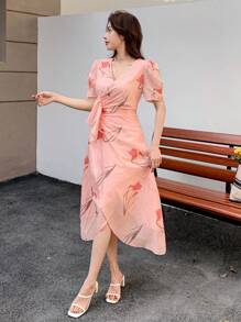DAZY V-Neck Floral Print Puff Sleeve Pleated Ruffle Hem Mid-Length Dress For Women Sundress,Casual Women Dresses Easter - Pink - View 8