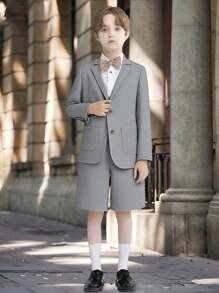 SHEIN Leap Crew 2pcs/Set Tween Boy Casual Blazer Jacket & Shorts Set, Suitable For School, Commute, Formal Occasions, Parties, Spring, Summer, Autumn, Winter - Grey - View 2
