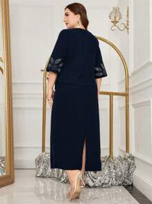 Lacomfia Plus Size Dress With Studded Rhinestones And Bead Decorations Maxi Women Outfit - Navy Blue - View 2