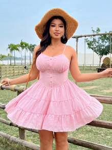 Flirla 大码女式休闲度假可爱甜美粉色水钻腰部可调节肩带连衣裙，春夏